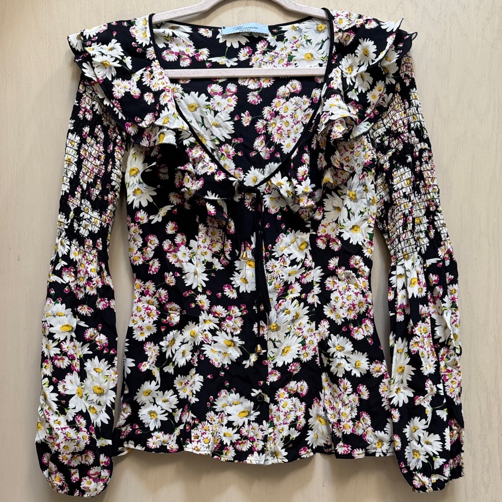 Blumarine Black Floral Ruffle Silk Blouse